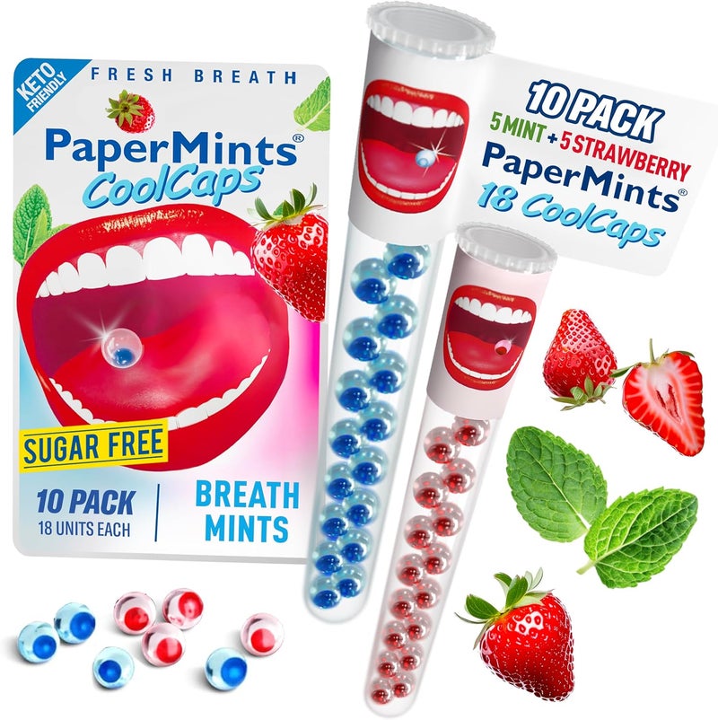 PaperMints CoolCaps Sugar-Free Breath Mints - Variety Pack of 10 Tubes with 18 Capsules Each - Image 1